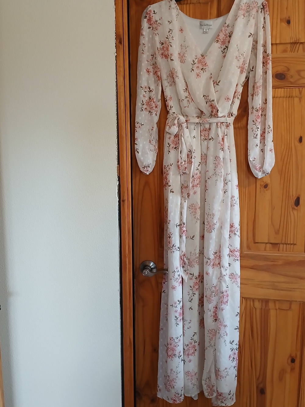 Lined Floral Maxi Dress in White and Pink With Swiss Dots